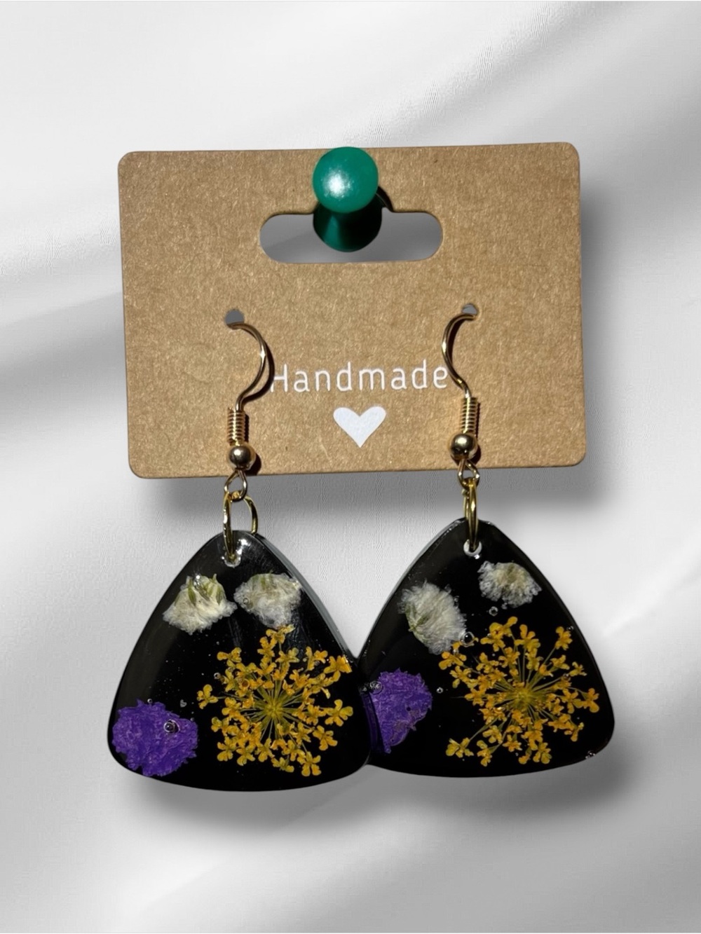Handmade Black Resin Triangle Earrings with Yellow & Purple Pressed Flowers